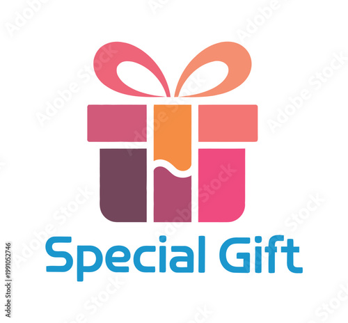 Gift abstract logo icon, minimal present box with ribbon concept for festive branding, ecommerce, holiday sales and promotional graphic vector design.