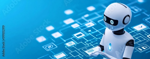Futuristic white AI robot holds a data card amidst a vibrant blue digital network of glowing icons, embodying advanced technology, data management and automation's future. AI, Robotics
