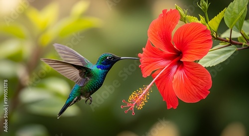 Hummingbird Hovering and Feeding Near Bright Red Tropical Flower