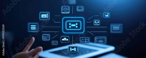 Hand interacts with a central glowing blue network hub, connecting digital icons on a laptop surface; depicting an interconnected data ecosystem. Digitalization, Connectivity