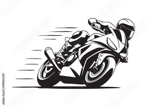 Sportbike rider leaning into turn black and white vector illustration.