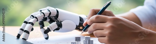 Human hand writing with a pen, a white robotic arm gestures over architectural plans and miniature models, symbolizing human-AI collaboration in design and innovation. Technology,