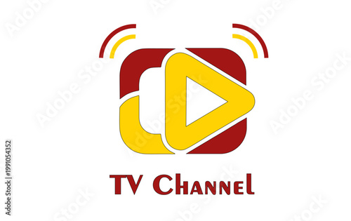 TV channel logo icon with play button and broadcast signal, video streaming media branding flat vector illustration design symbol.
