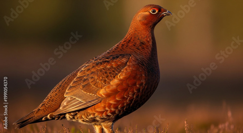 Red Grouse Standing on Moorland Heath in Natural Light Close-up