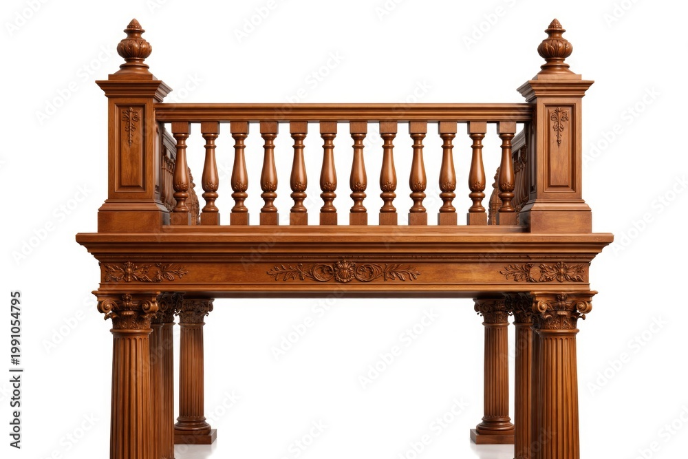 Fototapeta premium Detailed wooden balcony railing and columns showcasing classic design on white background