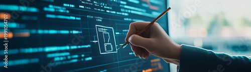 Interactive Design Hand sketching a UI wireframe directly on a blue, code-rich digital display, fusing creative vision with software development. UIUX, Programming