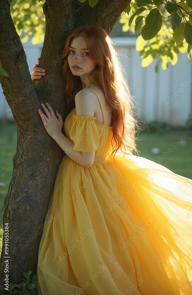 Fototapeta premium Young woman in flowing yellow dress leans against tree trunk. Redhead model poses gracefully amidst foliage. Soft sunlight illuminates face, creating dreamy atmosphere. Elegant gown complements