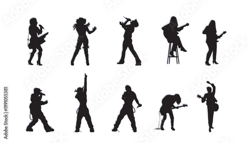 A collection of black silhouettes of musicians performing with various instruments on a white background