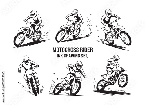 Motocross rider ink drawing set, dynamic action, extreme sports, motocycle racing, off road adventure.