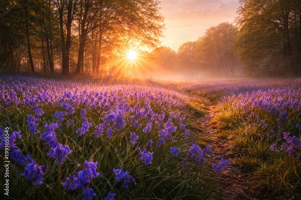 Obraz premium Sunrise scene featuring blooming bluebells in a fresh spring landscape