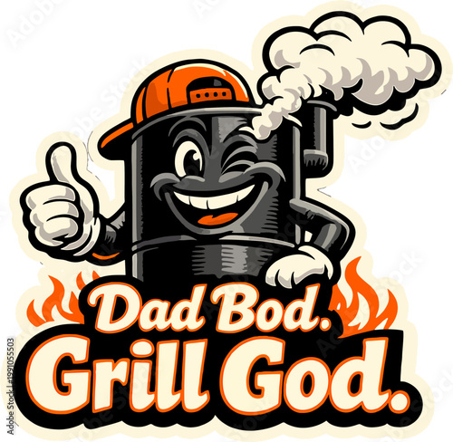 Cartoon funny tomato character as "Grill Sergeant" wearing military helmet and sunglasses, holding spatula and burger. Text "GRILL SERGEANT" and "REPORTING FOR DUTY" on red banner. Humorous BBQ design