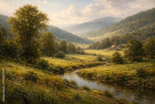 Calm pastoral green valley oil paintings with serene scenic views