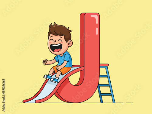Cartoon letter J alphabet illustration, happy boy sliding on red letter J playground slide, educational preschool typography vector