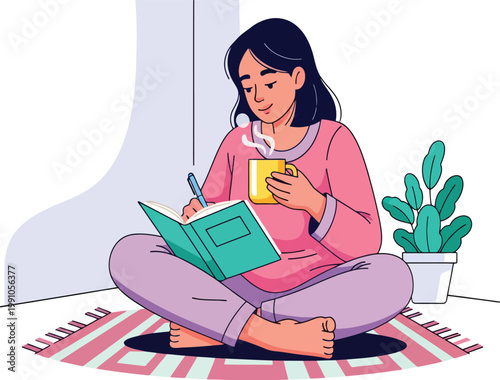 Cozy woman journaling at home, young female writing in notebook while drinking coffee, relaxed person in pajamas sitting on rug with hot drink
