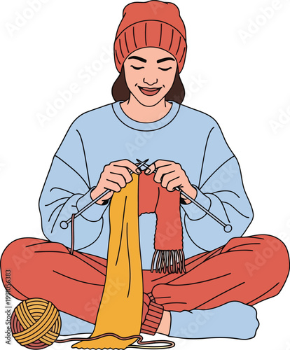 Hand-drawn knitting woman vector illustration, happy girl sitting cross-legged with needles and yarn, cozy winter hobby and craft concept