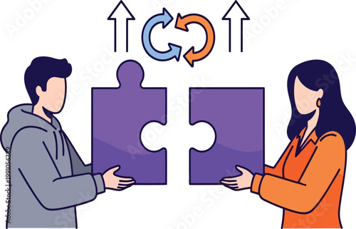 Business collaboration concept vector, man and woman connecting puzzle pieces, teamwork and problem solving illustration, partnership and synergy