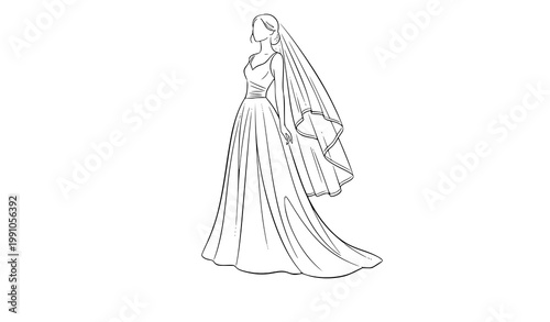 A minimalist line art illustration of a bride in a wedding dress