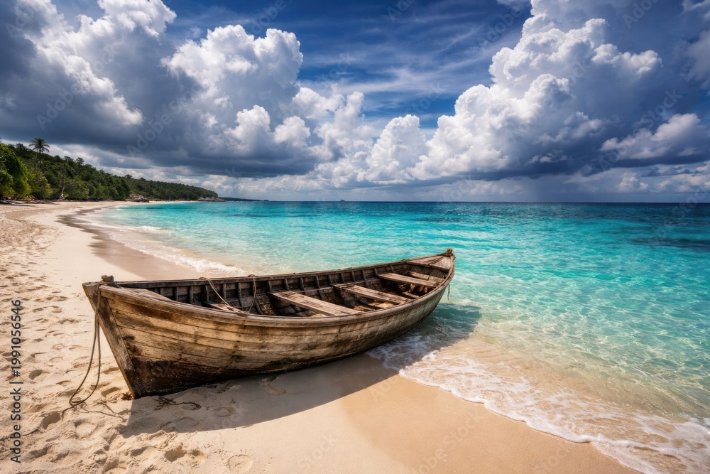 Fototapeta premium Weathered wooden boat sitting on pristine white sand beach beside crystal clear turquoise ocean under dramatic clouds in peaceful coast