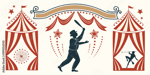 Vintage circus juggler and big top tents illustration, vector