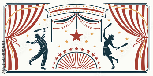 Vintage circus stage with juggling performers and stars, vector