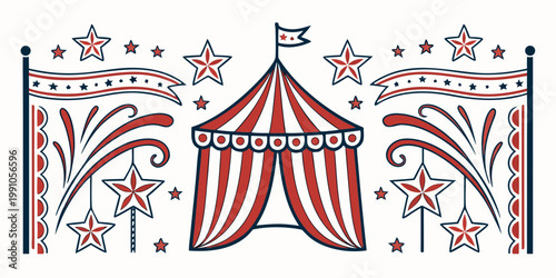 Vintage big top circus tent with banners and stars, vector
