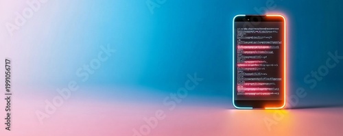 Right-aligned smartphone, neon-lit code with red errors on screen, vivid blue-pink gradient background. Capturing mobile dev, debugging and cybersecurity. Software, Digital
