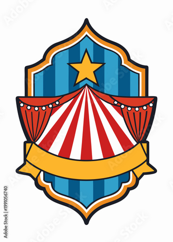 Vintage circus tent badge with star and banner, vector