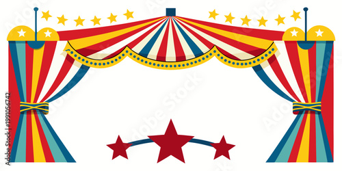 Vintage circus carnival stage curtains frame with stars, vector