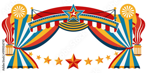 Colorful vintage circus stage curtains with stars, vector