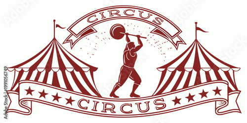 Vintage circus strongman emblem with tents and banners, vector