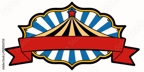 Vintage carnival frame with tent and blank red banner, vector