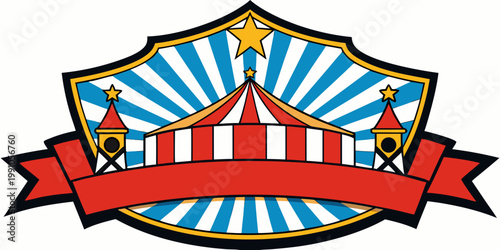 Colorful vintage circus tent emblem with banner, vector