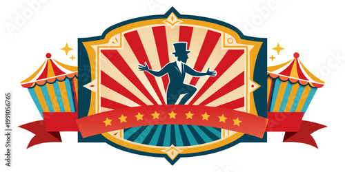 Vintage circus ringmaster emblem with tents and stars, vector