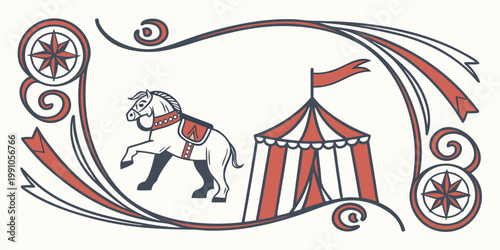Vintage circus tent and horse decorative illustration, vector