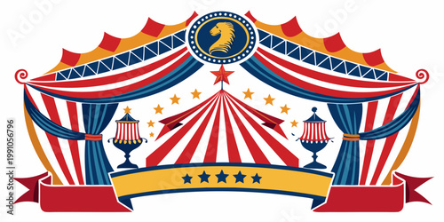 Retro circus stage frame with stars and banner, vector