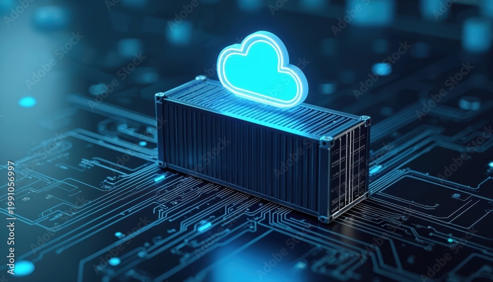 Obraz premium Digital shipping container with neon cloud icon sits on futuristic circuit board. Represents cloud storage data management and tech solutions. Safe data transfer and digital warehouse concept.