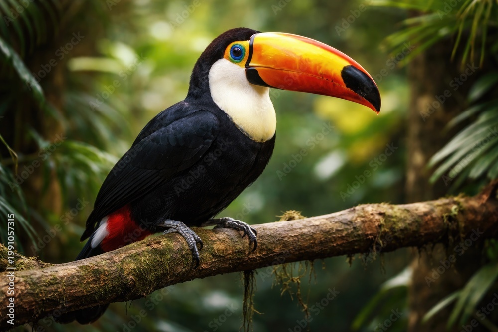 Fototapeta premium Tropical toucan bird sitting calmly on a wooden branch