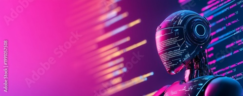 Sleek AI Robot Head, its glowing neon circuits and code reflecting on a vibrant pink-purple digital data background. Future tech concept., Robotics, Cyberpunk