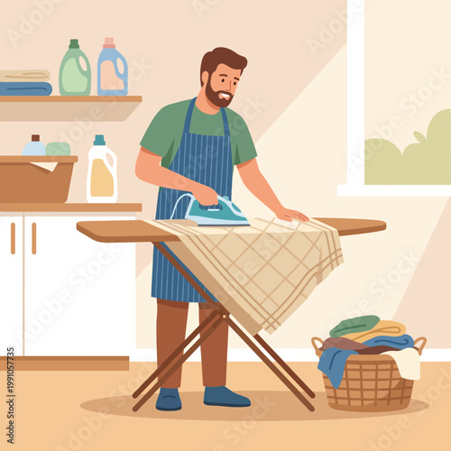 A man in an apron carefully irons clothes on an ironing board in a warm home environment, showcasing domestic responsibilities and personal care.