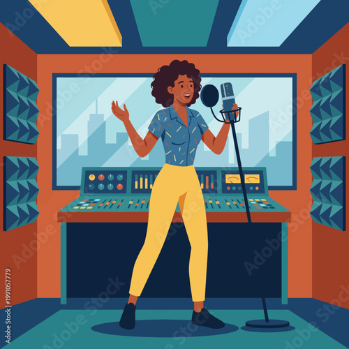 A talented singer stands confidently in a contemporary music studio, belting out a melodic tune while surrounded by professional recording equipment, embodying creativity and passion.