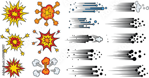 Comic Explosion and Speed Motion Effects Set with Fire Blasts and Dynamic Trails