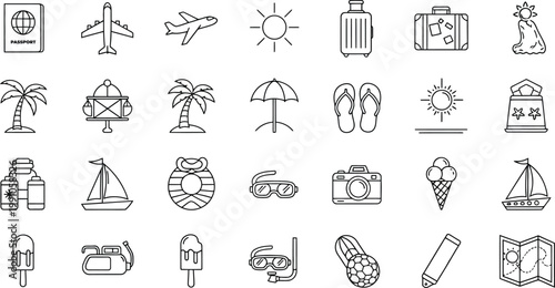 Travel and Vacation Line Icon Set with Beach Summer Tourism Elements Collection
