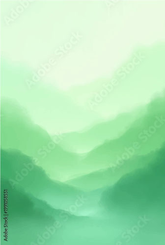 A serene landscape featuring verdant mountains and lush valleys, the soft, gradient hues create an atmosphere of peace and natural wonder.