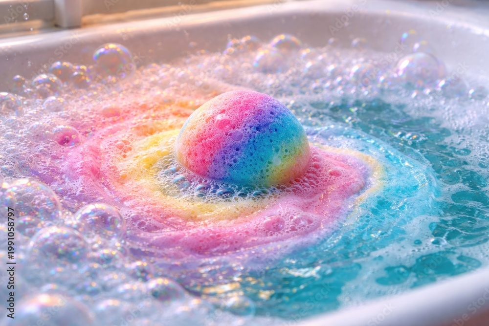 Fototapeta premium Detailed view of a colorful bath bomb releasing bubbles in a tub
