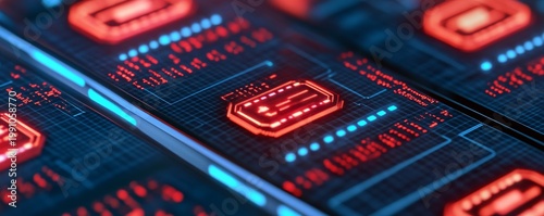 Vibrant redblue glowing digital circuit board array close-up, featuring a central CHARGE icon amidst data streams. A modern concept for AI, tech, energy, processing. Microchip,