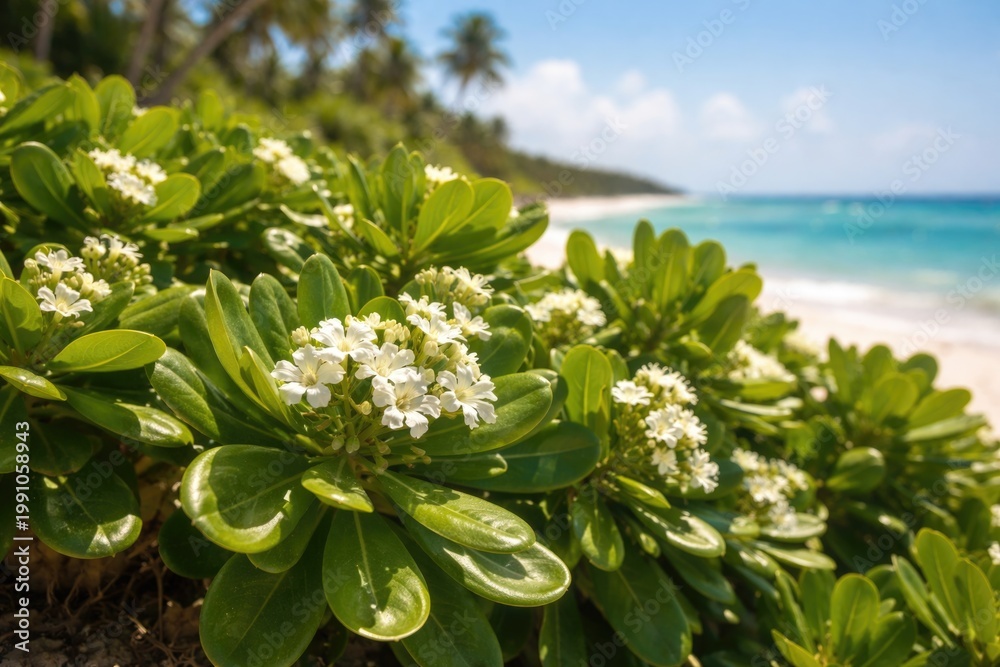 Fototapeta premium Exotic beach naupaka greenery with small white flowers thriving in bright natural sunlight