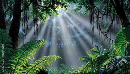 lush tropical jungle with sun rays shining through dense forest foliage, creating a misty and magical nature scene