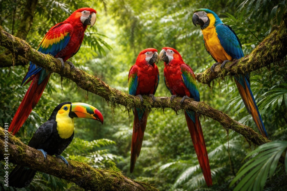 Fototapeta premium Colorful parrots and keel billed toucan perched on tropical forest branches in lush green foliage