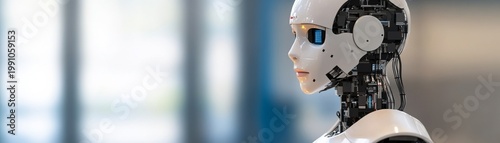 White humanoid robot in profile, head and partial torso, with exposed internal circuits and glowing blue digital eyes, looking left against a soft, blurred background. Exploring AI's