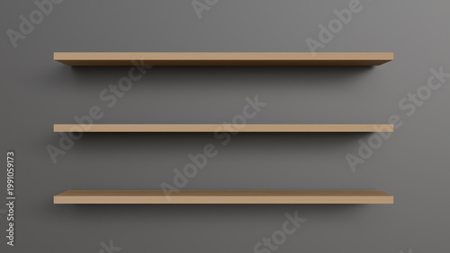 Three empty wooden wall shelves on a gray background for product placement, interior design, object presentation